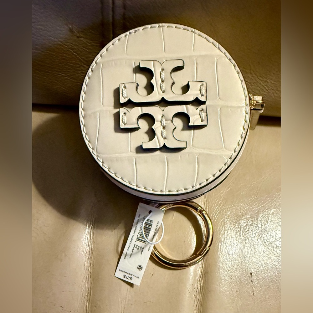 Tory Burch Thea Embossed Leather Coin Key Case Cream